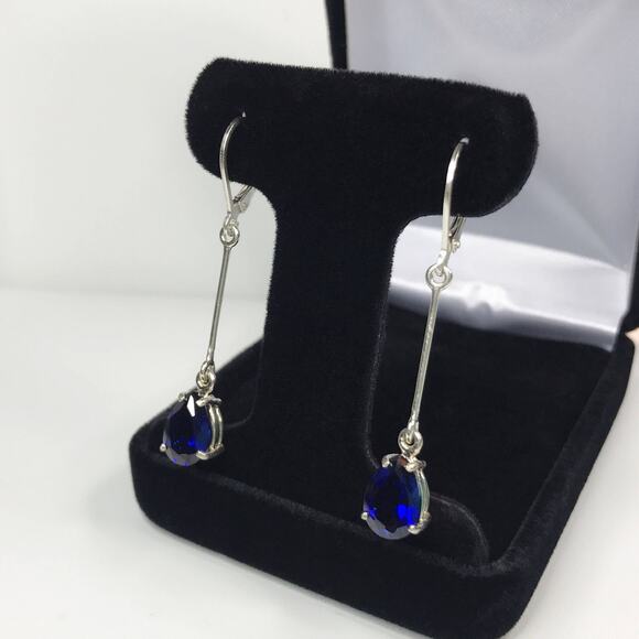 Beautiful 2" 6ctw Sapphire Earrings in Sterling Silver Lab Grown Sapphires - Picture 4 of 8